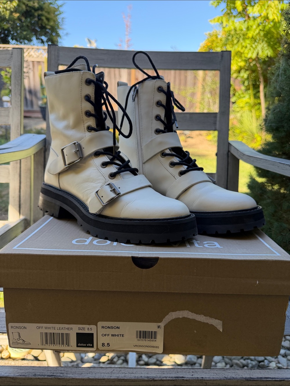 NIB Dolce Vita Off White Lace-Up Buckle Leather Combat Boots with Black Laces